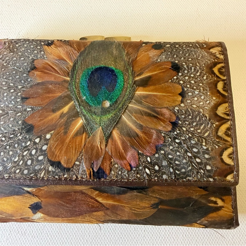 VTG 60s/70s Peacock & Pheasant Feather Clutch Wallet | Boho MCM Evening Bag - Picture 4 of 13